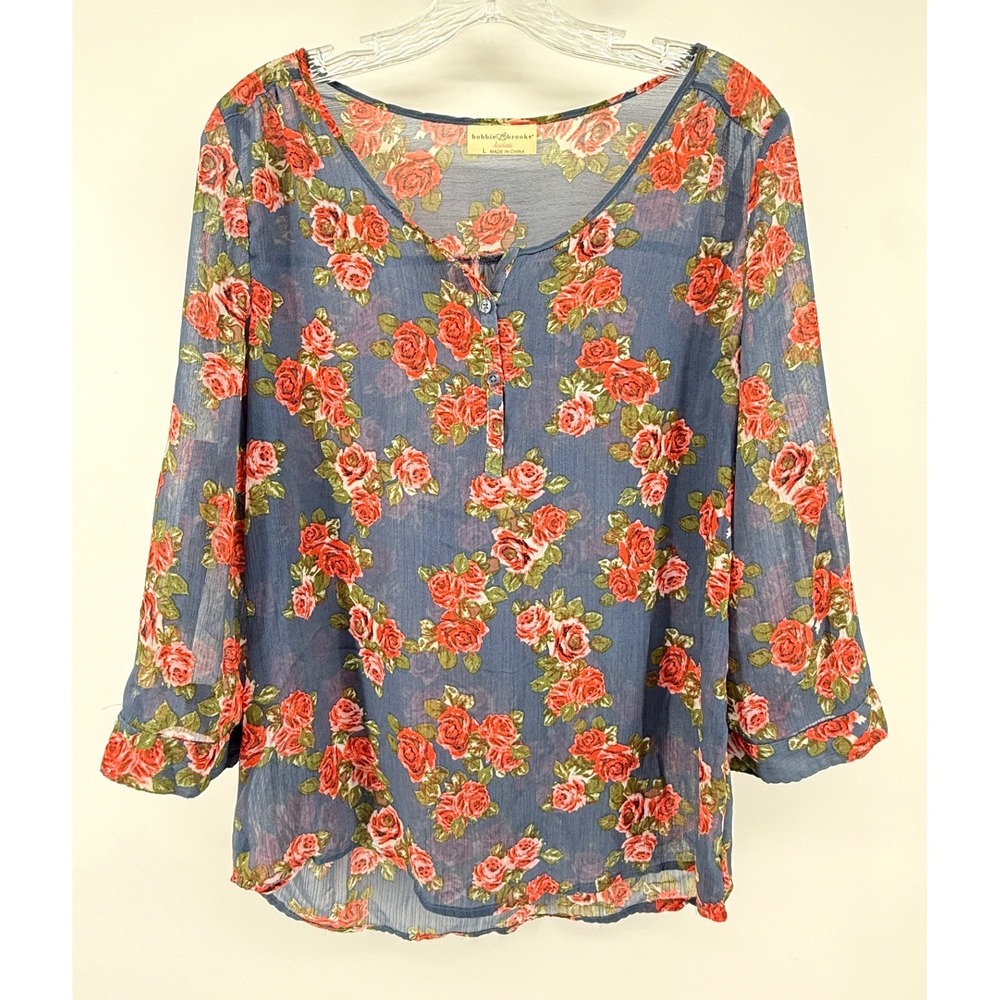Bobbie Brooks Womens Blue Floral Rose Henley Blouse 3/4 Sleeve Size L Sheer